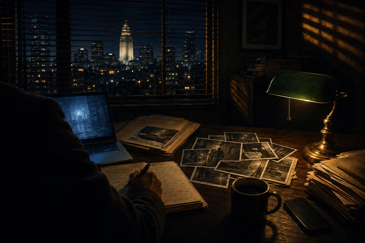 A Clearview investigator working a case at a desk at night, reviewing surveillance photographs and case notes, with the Los Angeles skyline through the window blinds